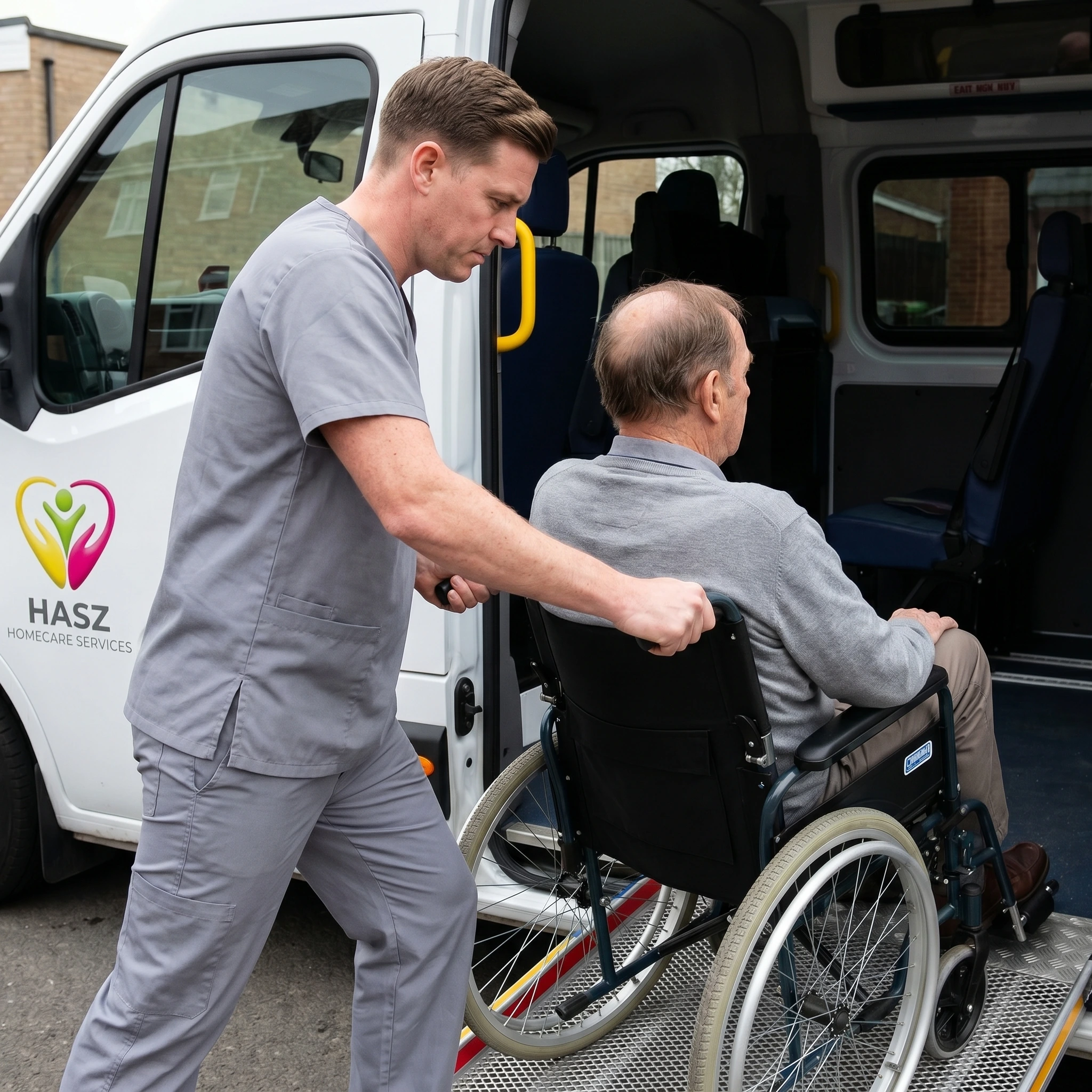 Hasz Homecare Services transport assistant helping wheelchair user into accessible vehicle for hospital discharge