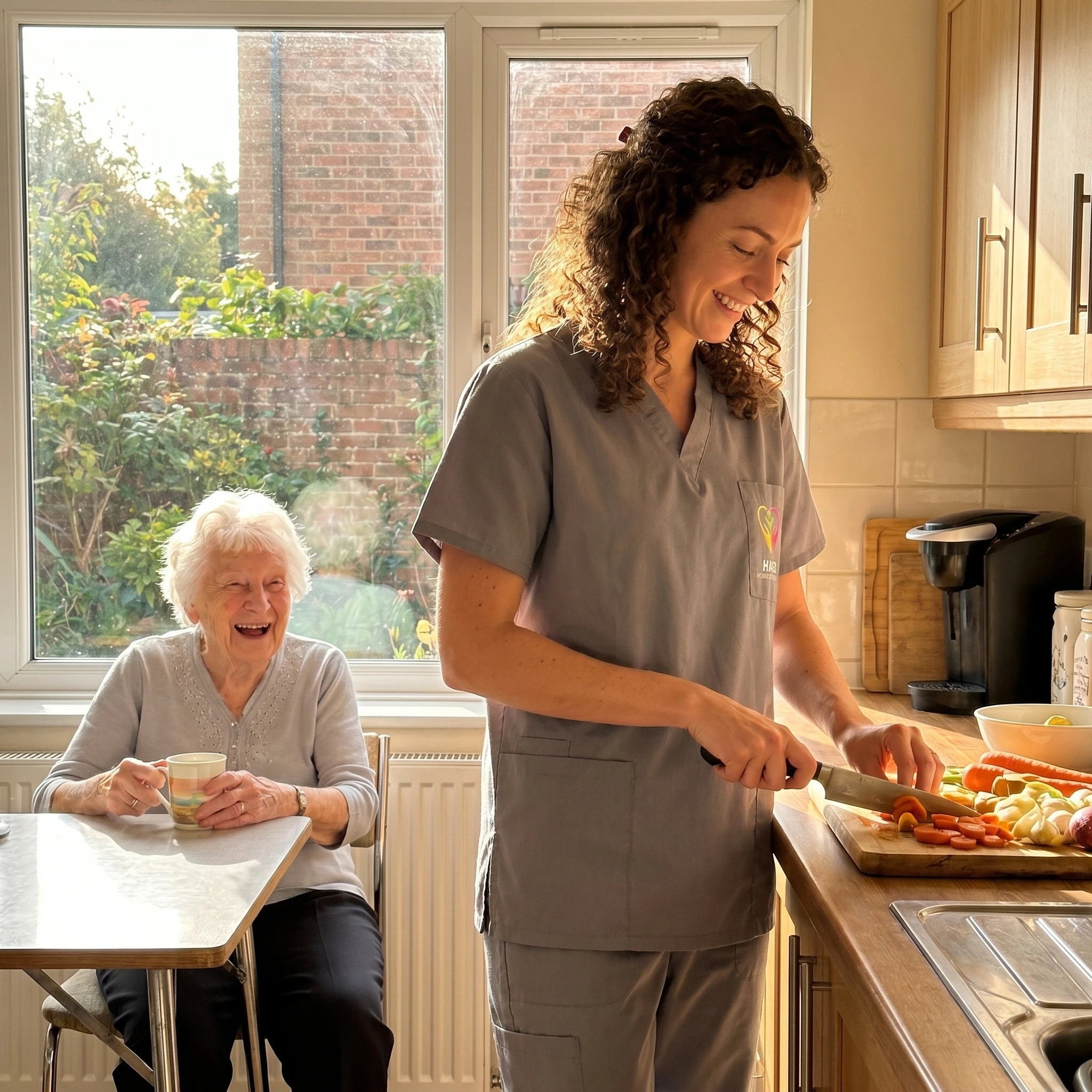 Hasz Homecare Services live-in carer enjoying outdoor time with elderly client garden