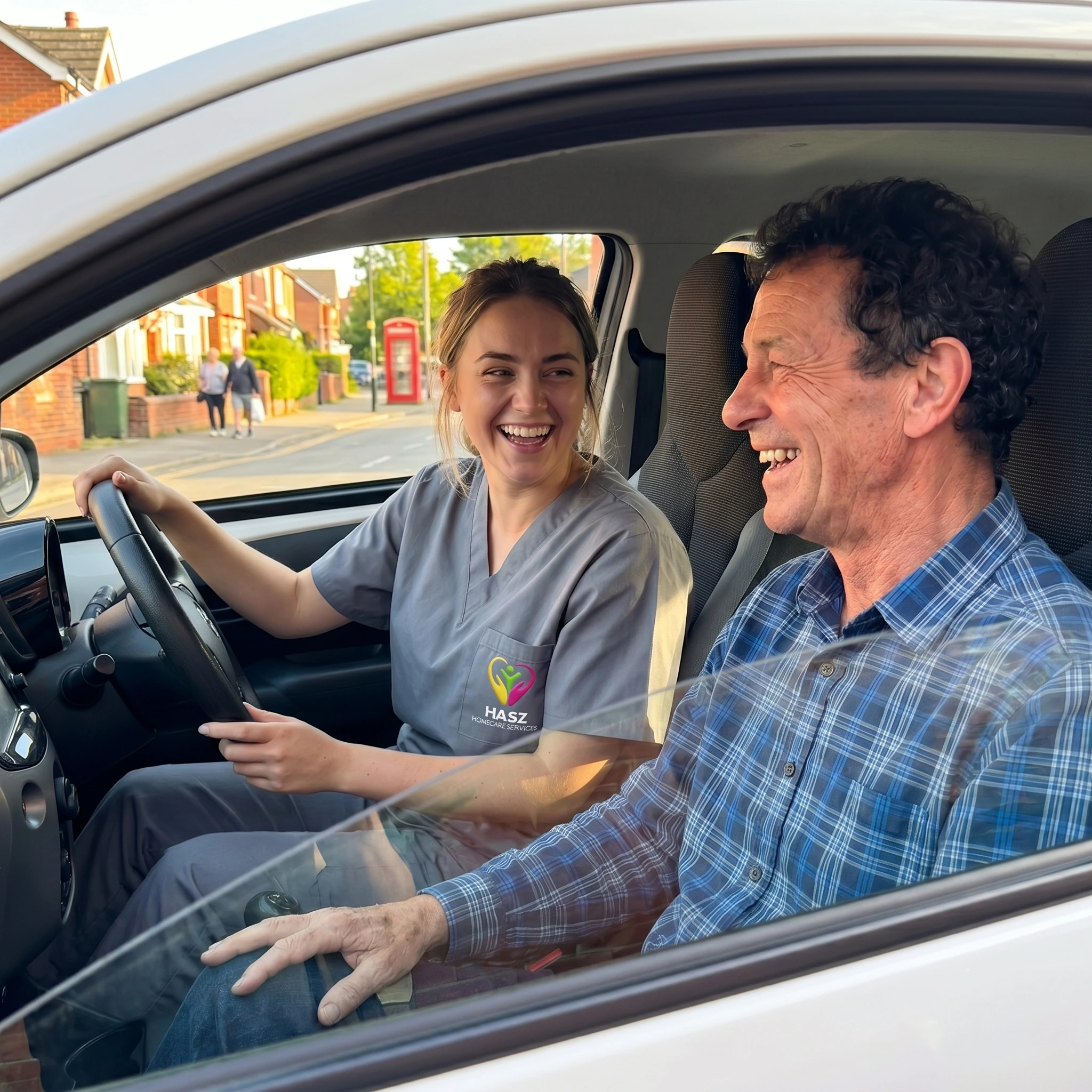 Hasz Homecare Services patient transport assistant collecting elderly client from home for hospital appointment
